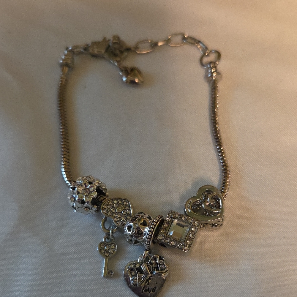 Silver Heart & Charm Bracelet with Crystal Accents